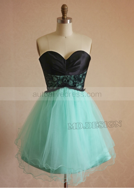 Turquoise Blue Strapless Tulle Lace Short Prom Dress